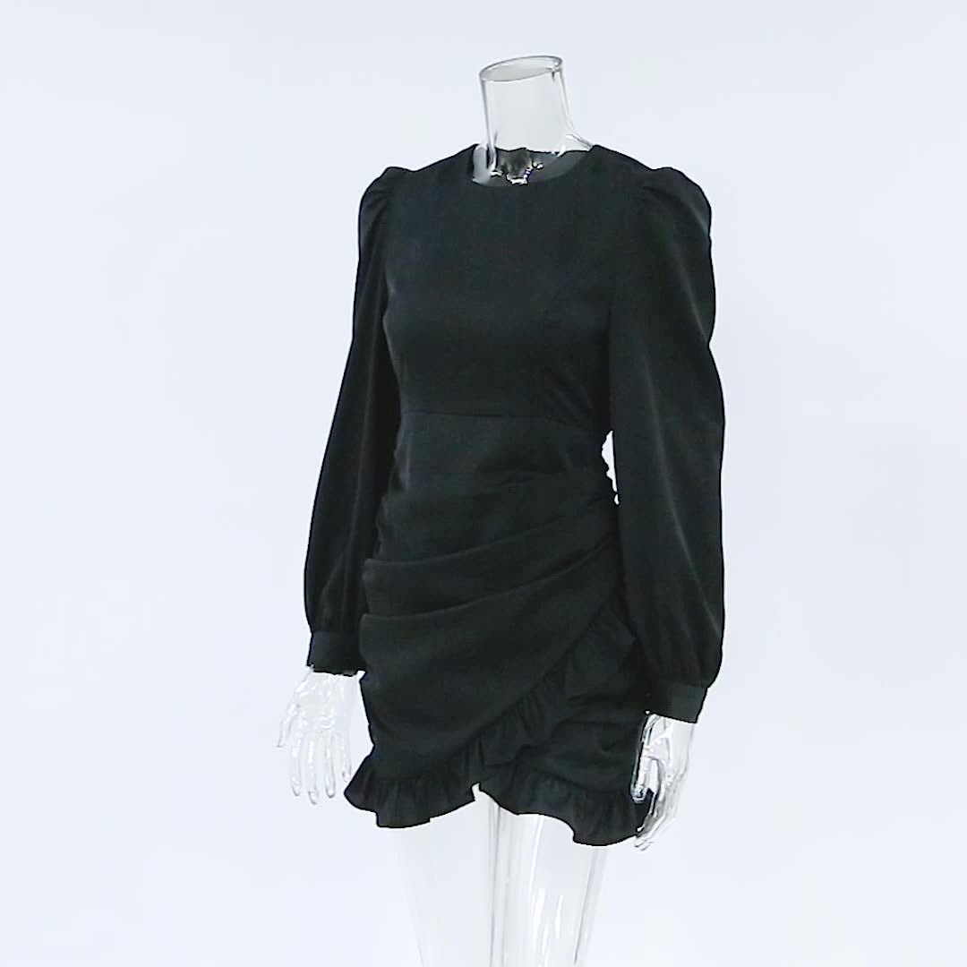 Elegante abito nero plissettato con scollo a V e maniche lunghe | ULZZANG BELLA