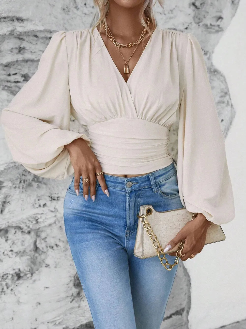 Elegantly Ruched Sheer Smocked Surplice Top with Balloon Sleeves | ULZZANG BELLA