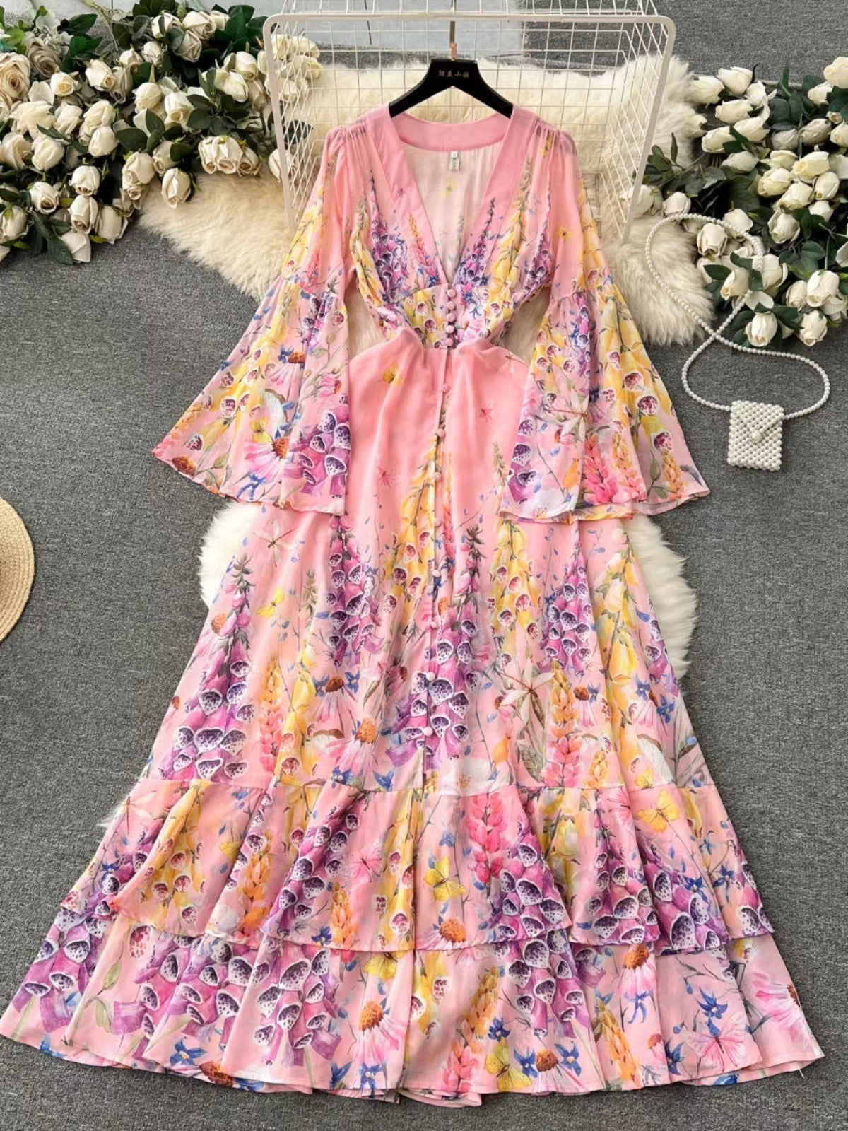 Elegant French Palace Chiffon A-Line Long Dress in Vintage Print | ULZZANG BELLA