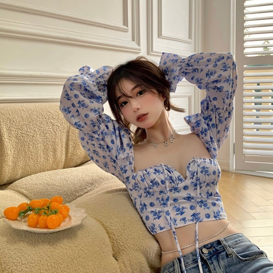 Fragmented Floral Chiffon V-Neck Top with Bubble Sleeves | ULZZANG BELLA