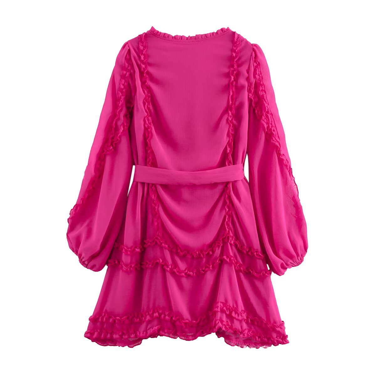 Robe en mousseline de soie rouge vif à col en V et volants avec ceinture | ULZZANG BELLA