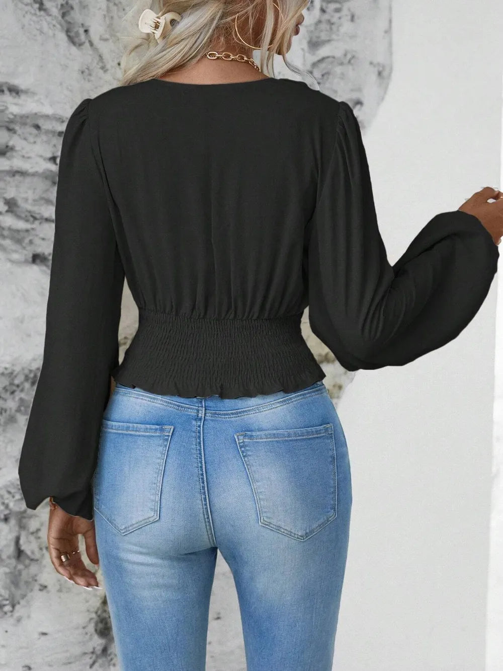 Elegantly Ruched Sheer Smocked Surplice Top with Balloon Sleeves | ULZZANG BELLA