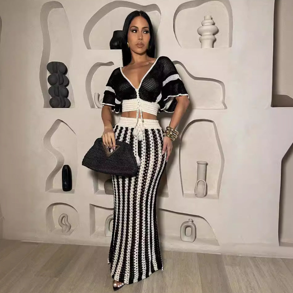 ULZZANG BELLA V-neck Knit Long Skirt Set - Elegant Luxury Fashion