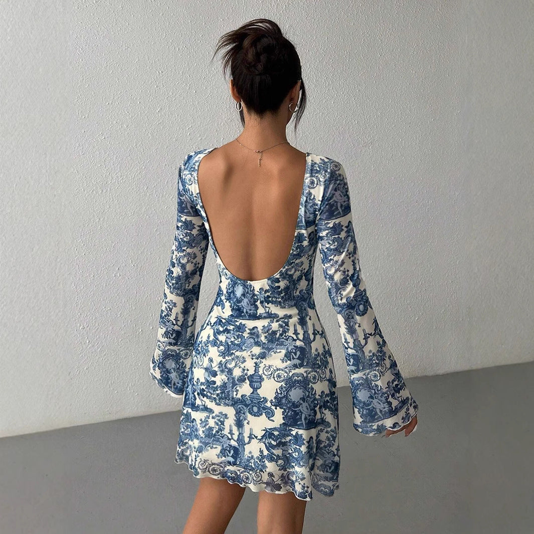 Elegant Floral Flared Sleeve Backless Mesh Dress | ULZZANG BELLA