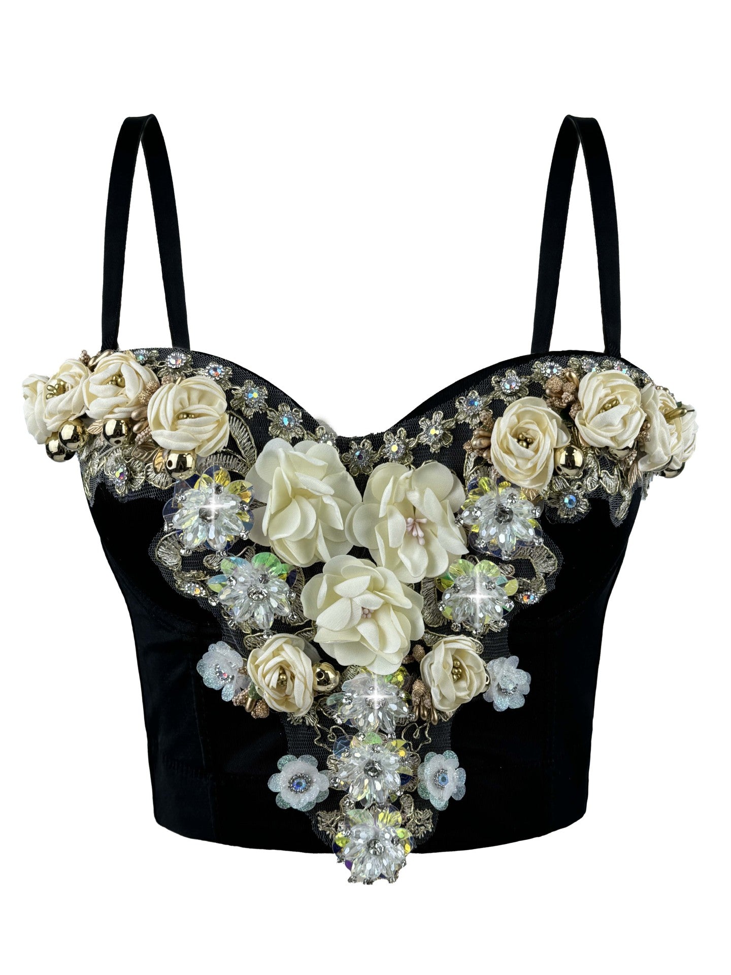Chic Rhinestone Floral Corset Top with Detachable Straps | ULZZANG BELLA