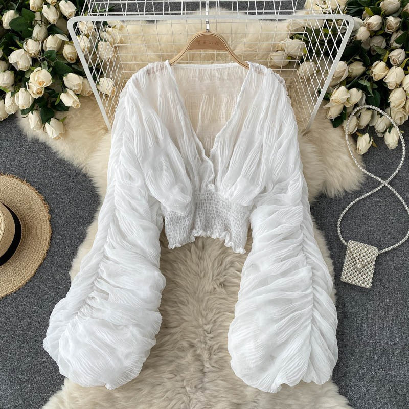 Chic Pleated Bubble Sleeve Chiffon Shirt – A Luxe Addition to Your Wardrobe | ULZZANG BELLA