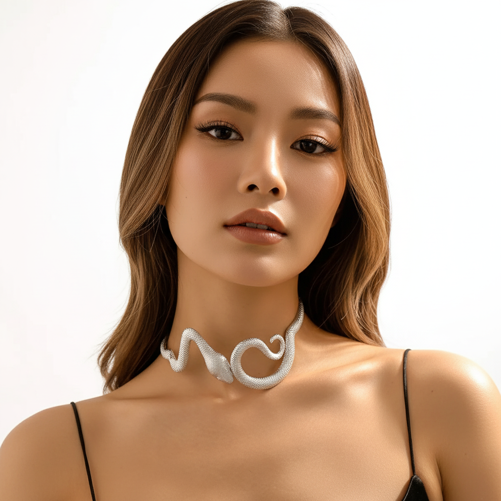 Discover athé's Serpentine Elegance Choker, a handcrafted masterpiece from South Korea, merging exquisite alloy craftsmanship with timeless sophistication for your unique style.