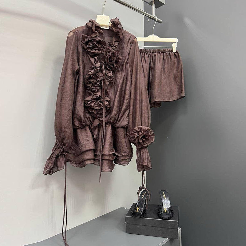 Floral Elegance Ruffle Sleeve Blouse & Shorts Set | ULZZANG BELLA