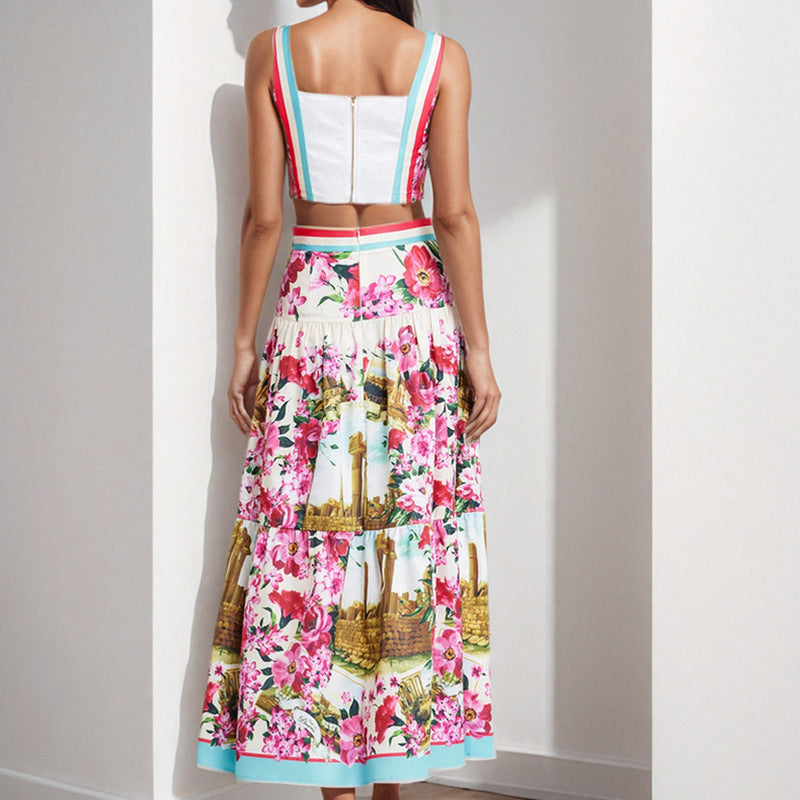 Elegant Floral Splicing Strapless Camisole Skirt Set | ULZZANG BELLA