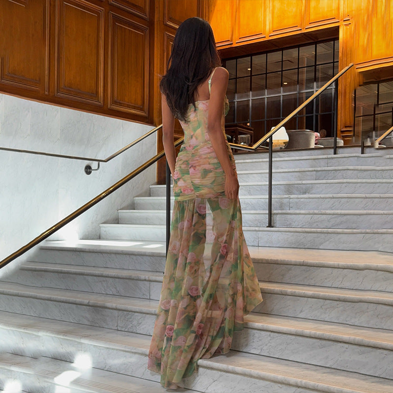 Exquisite Green Lotus Print Strapless High-Waist Dress | ULZZANG BELLA