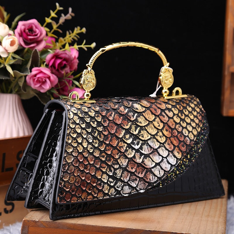 Elegante borsa a tracolla trapezoidale in pelle di serpente nera | ULZZANG BELLA