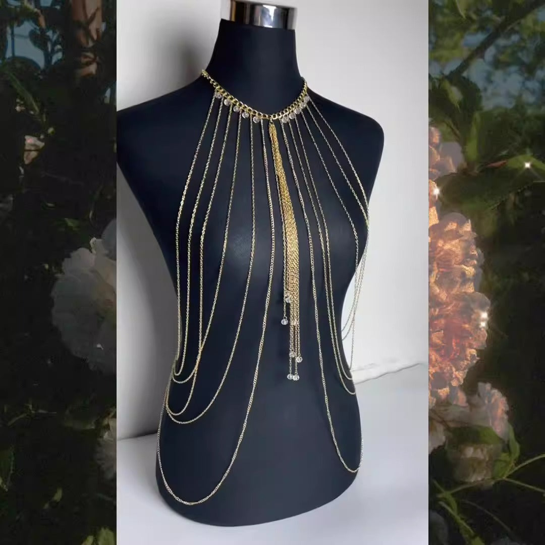 Discover athé's Exquisite Multi-Layered Crystal Tassel Body Chain, a South Korean masterpiece of premium alloy and crystals, embodying elegance and allure for every occasion.