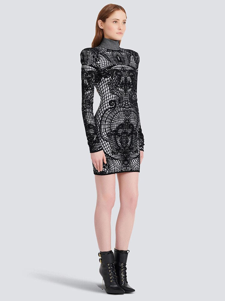 Elegantly Chic Stand Collar Long Sleeve Animal Print Dress | ULZZANG BELLA