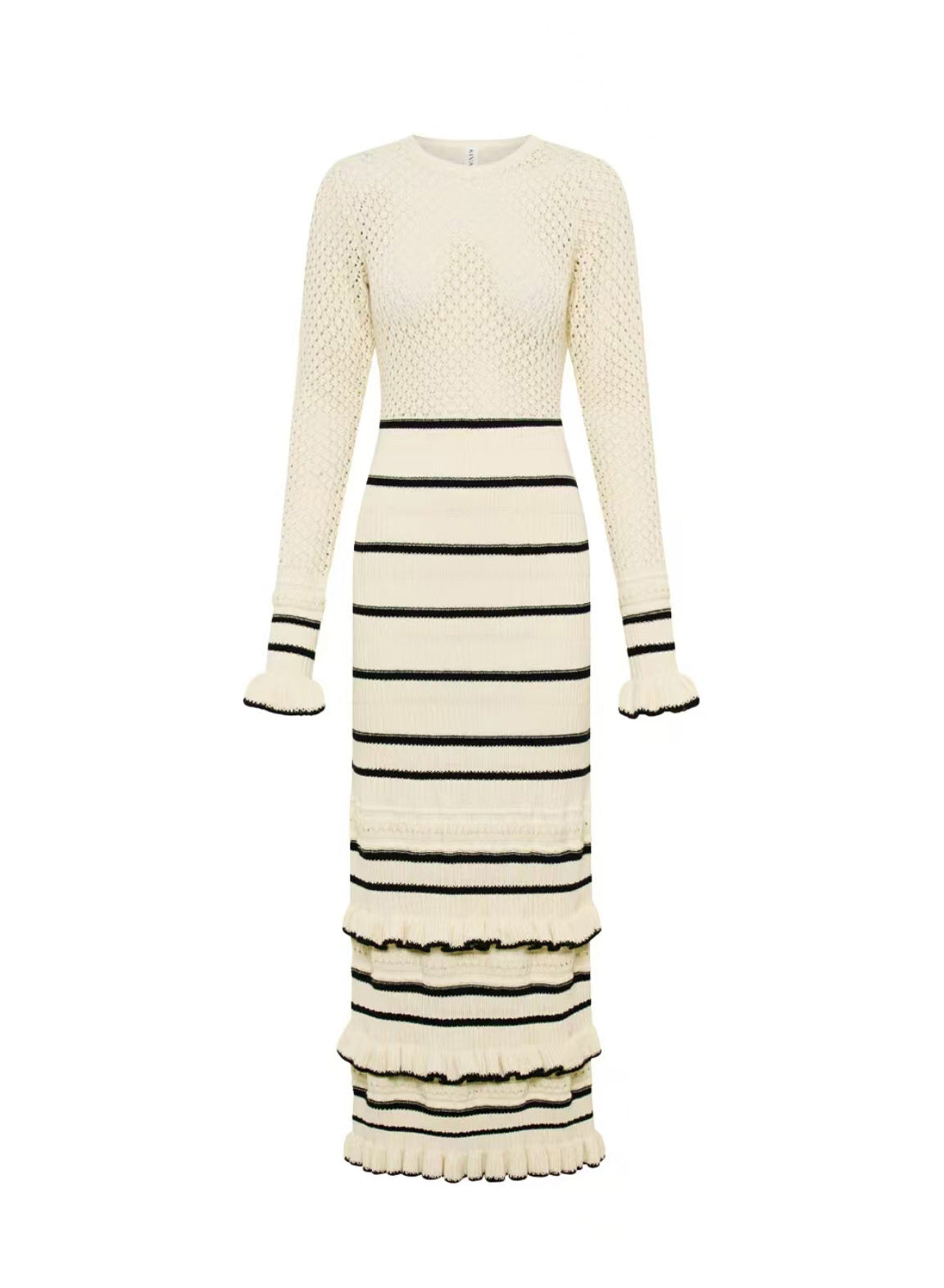 Elegant Slim Fit Knitted Dress with Striped Splicing | ULZZANG BELLA