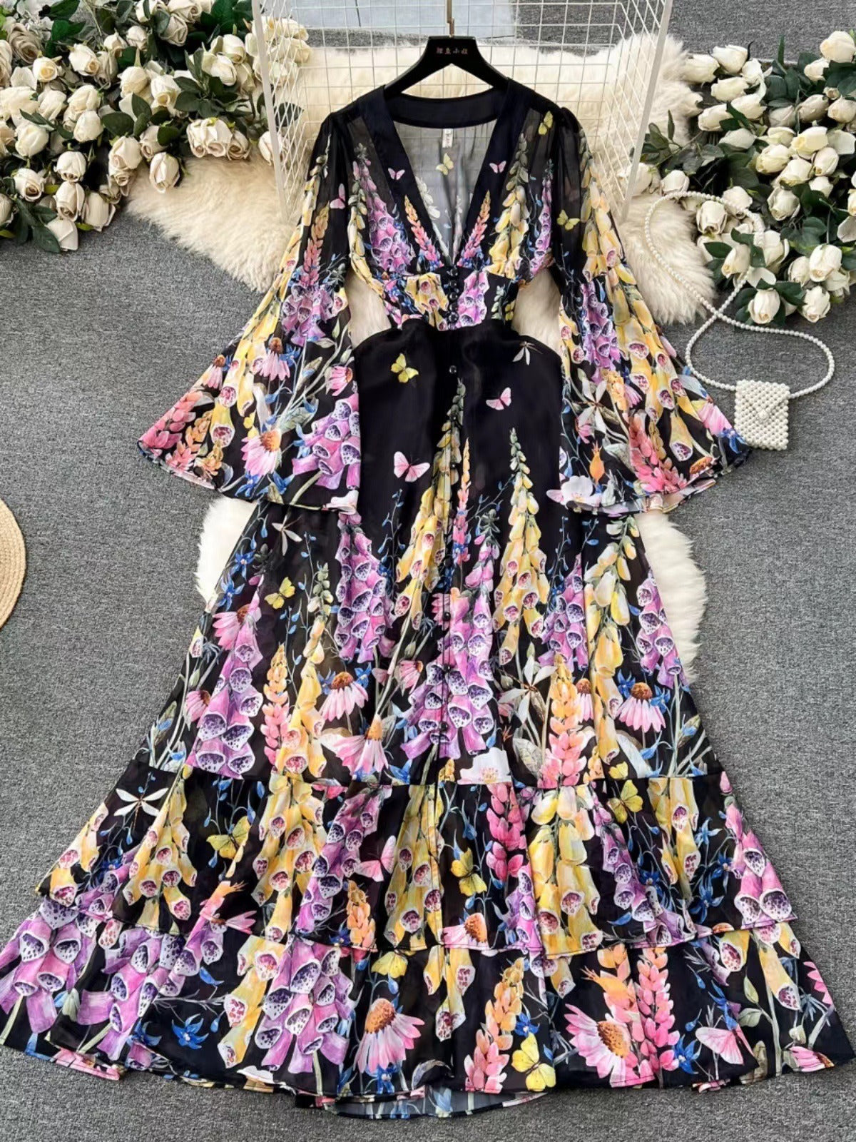 Elegant French Palace Chiffon A-Line Long Dress in Vintage Print | ULZZANG BELLA
