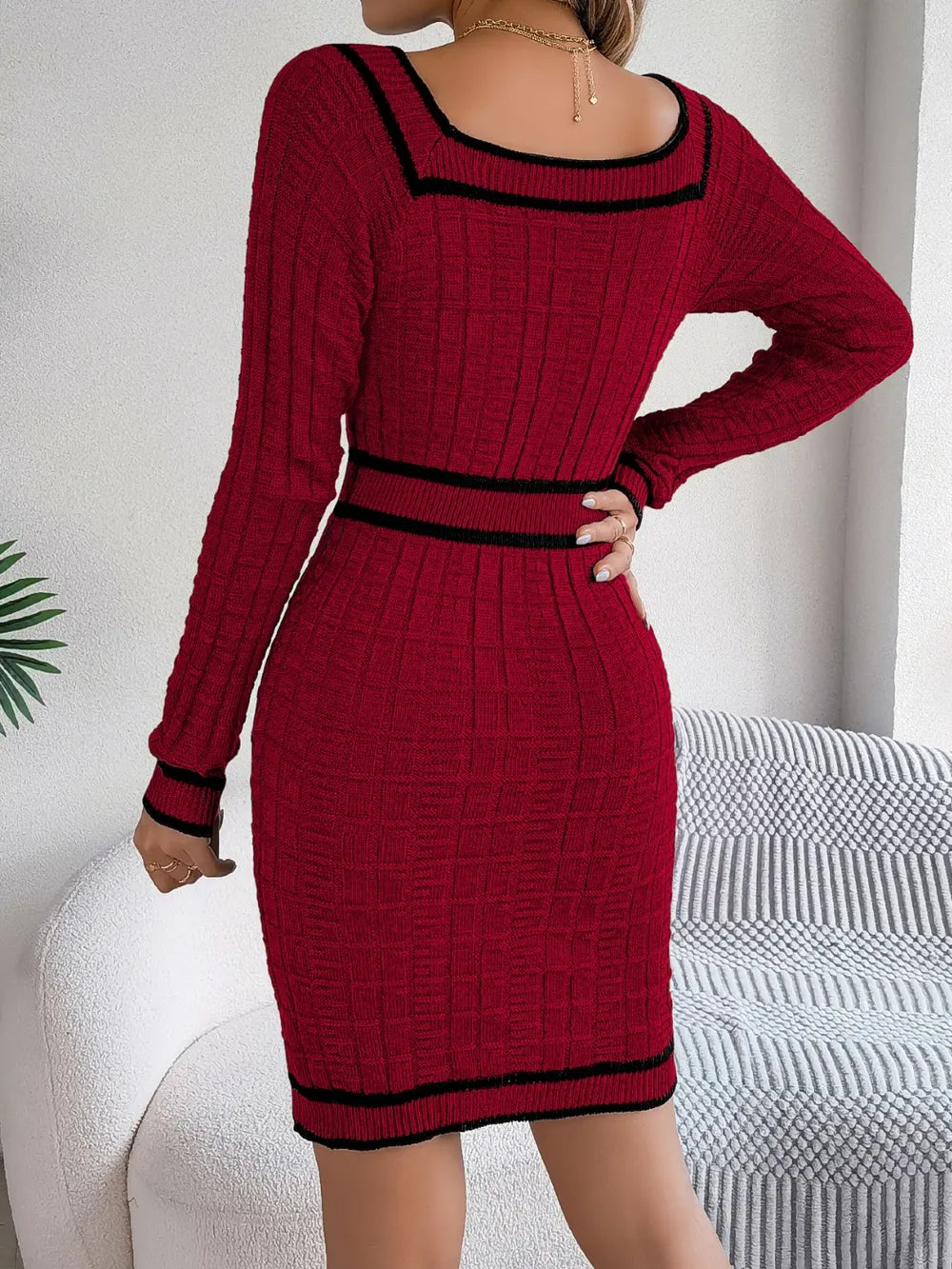 Contrast Trim Long Sleeve Midi Sweater Dress | ULZZANG BELLA