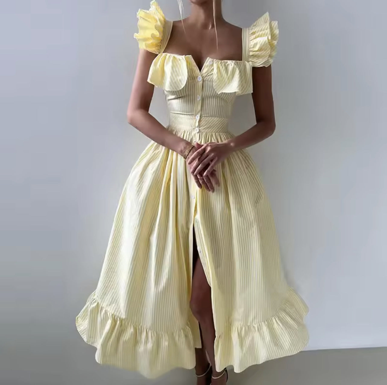 Elegant Striped Ruffle Waist Dress for the Refined Woman | ULZZANG BELLA