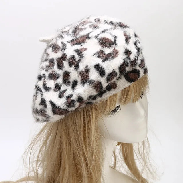 Luxurious Leopard Print Rabbit Fur Buckle Beret Hat for Women | ULZZANG BELLA