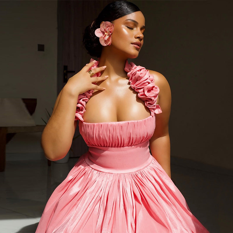 Robe boule plissée rose chic à épaules dénudées | ULZZANG BELLA