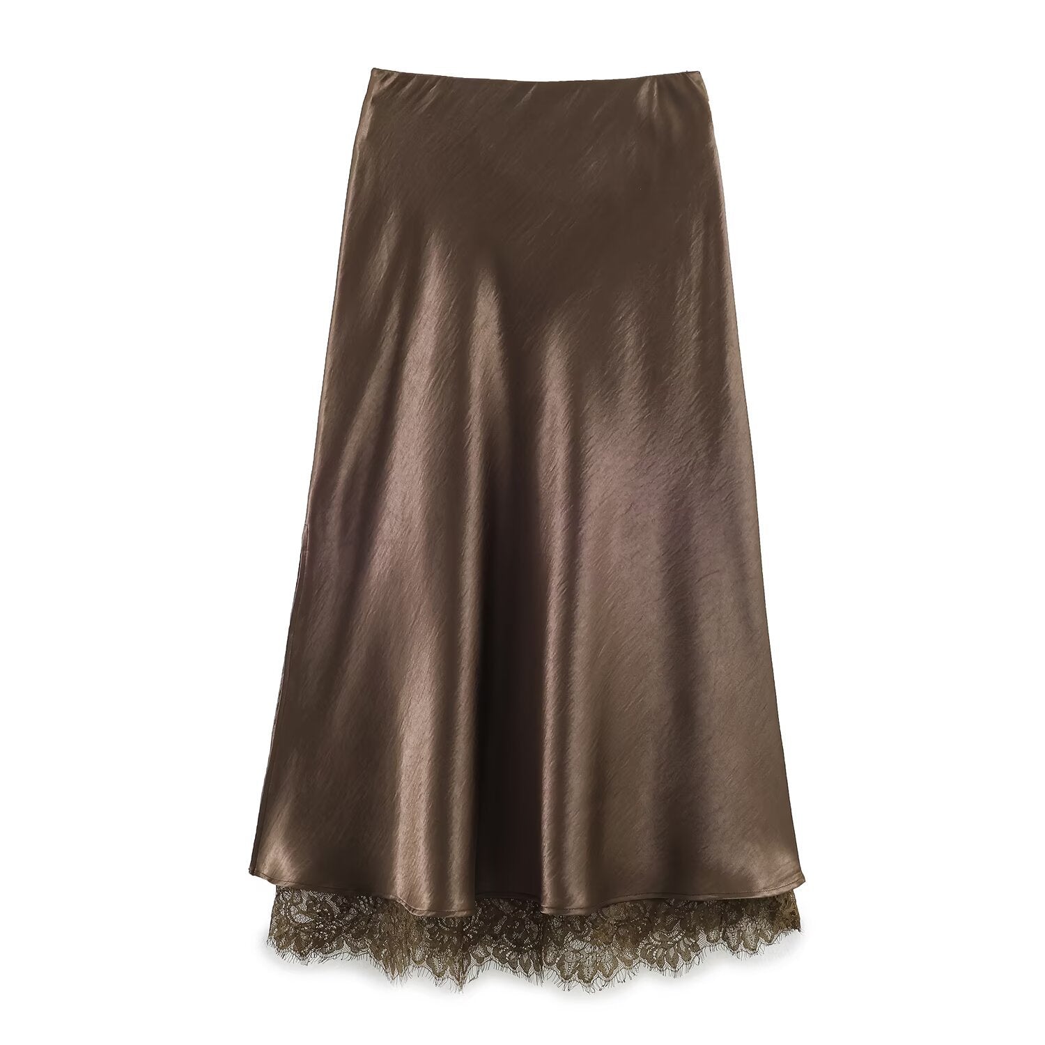 Satin Acetate Lace Patchwork Mid-Length Split Skirt | ULZZANG BELLA