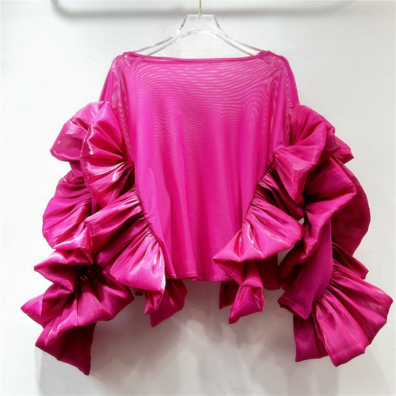 Ruffled Long Sleeve Mesh Top with Irregular Hem | ULZZANG BELLA