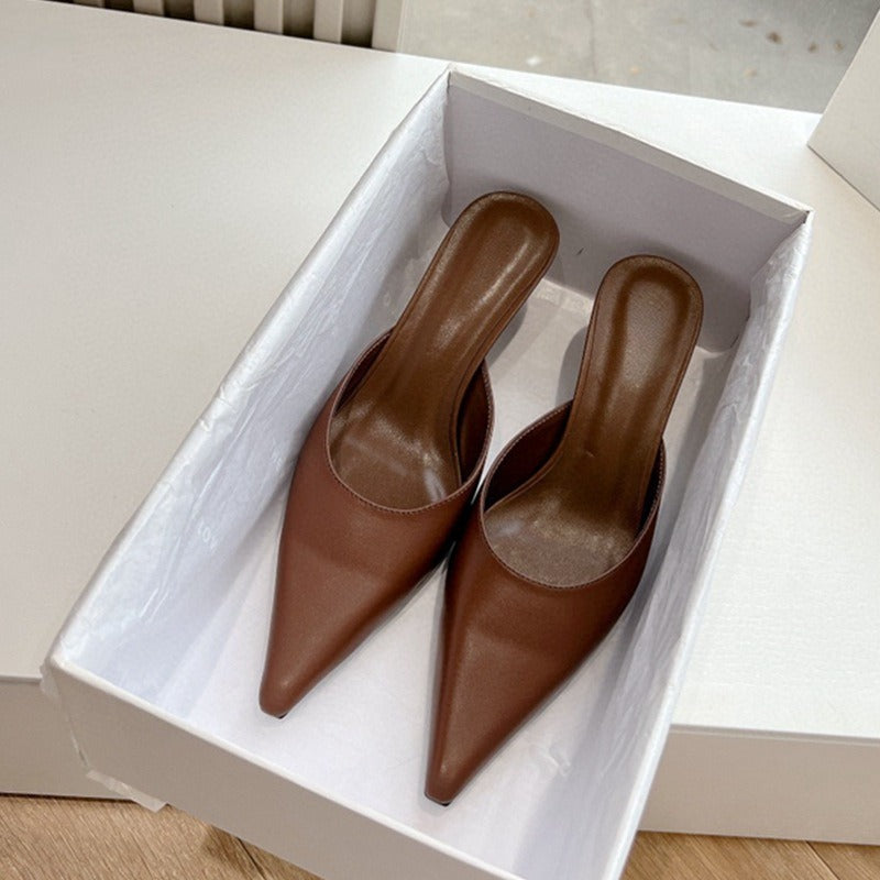 Elegant Pointed Toe Leather Mid-Heel Mules in Classic Shades | ULZZANG BELLA
