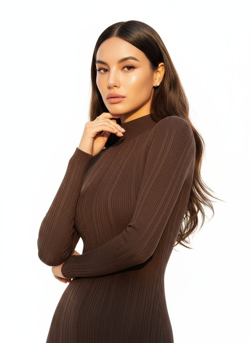 Elegant Striped Sweater Dress with High Neck | ULZZANG BELLA