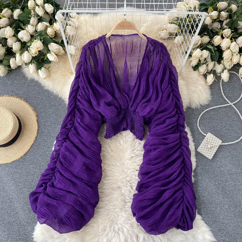 Chic Pleated Bubble Sleeve Chiffon Shirt – A Luxe Addition to Your Wardrobe | ULZZANG BELLA
