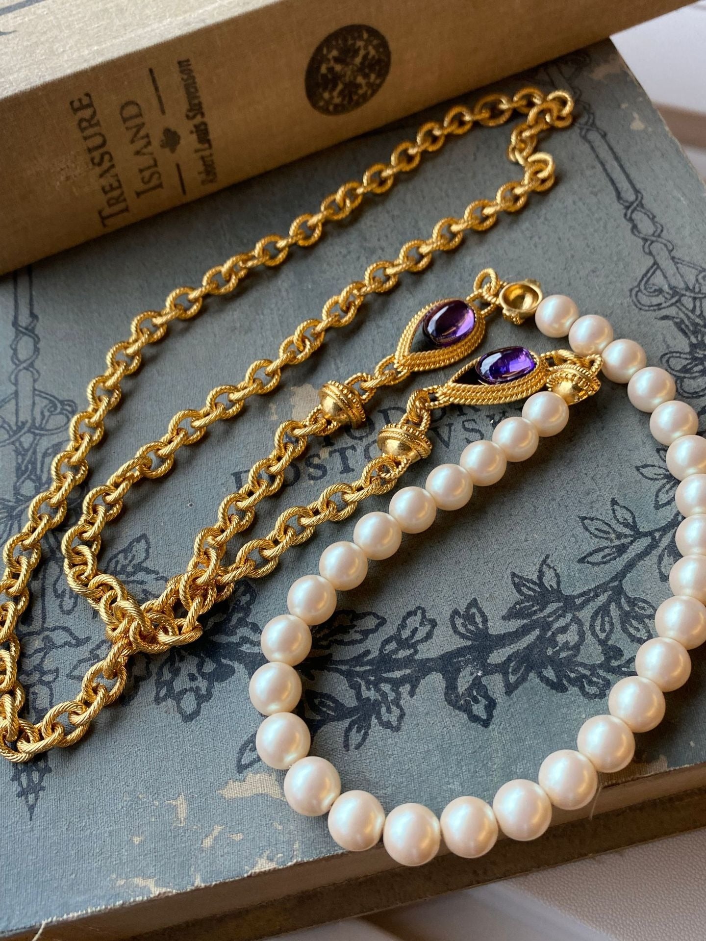 Elegant Amethyst & Pearl Drop Earrings with Long Necklace Set | ULZZANG BELLA