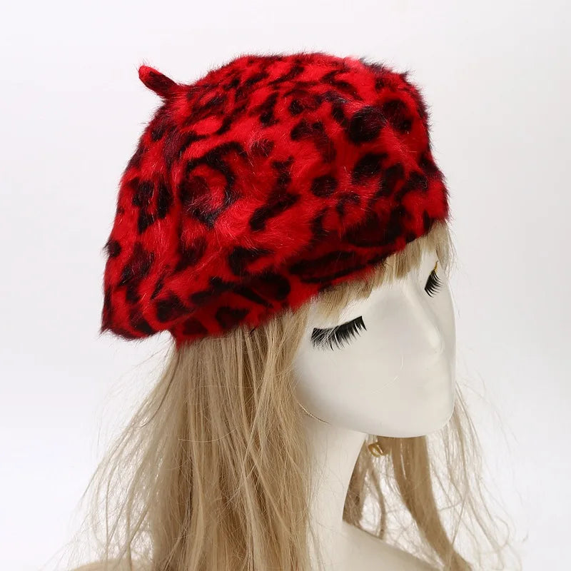 Luxurious Leopard Print Rabbit Fur Buckle Beret Hat for Women | ULZZANG BELLA