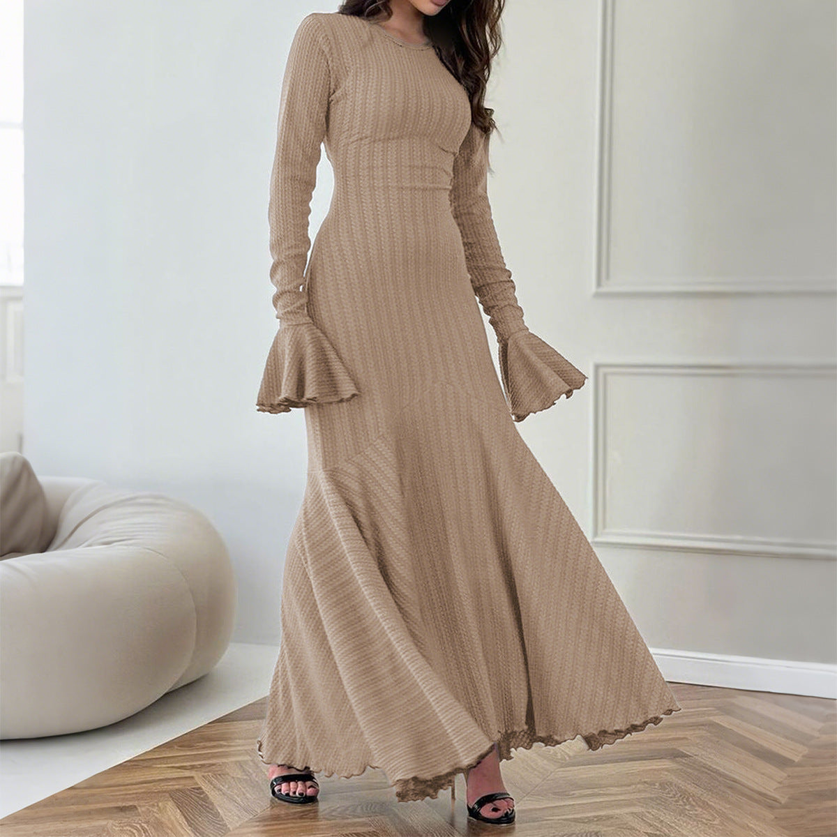 Exquisite Khaki Knitted Long Dress for the Elegant Woman | ULZZANG BELLA