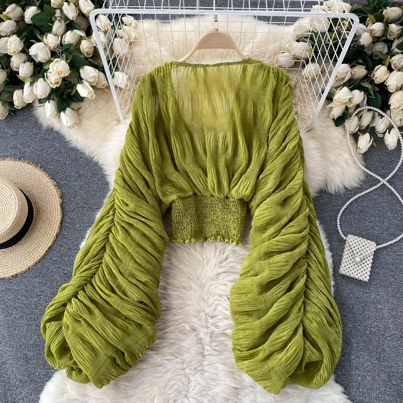Chic Pleated Bubble Sleeve Chiffon Shirt – A Luxe Addition to Your Wardrobe | ULZZANG BELLA