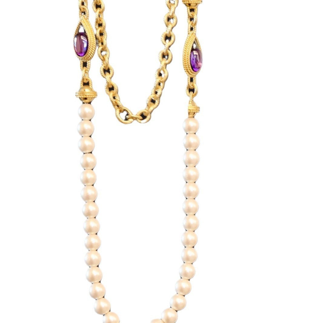 Elegant Amethyst & Pearl Drop Earrings with Long Necklace Set | ULZZANG BELLA