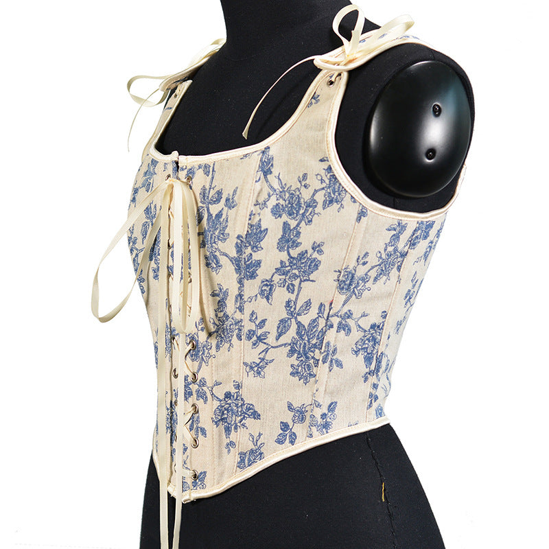 Vintage Orchid Print French Lace-Up Corset Vest for Elegant Shaping | ULZZANG BELLA