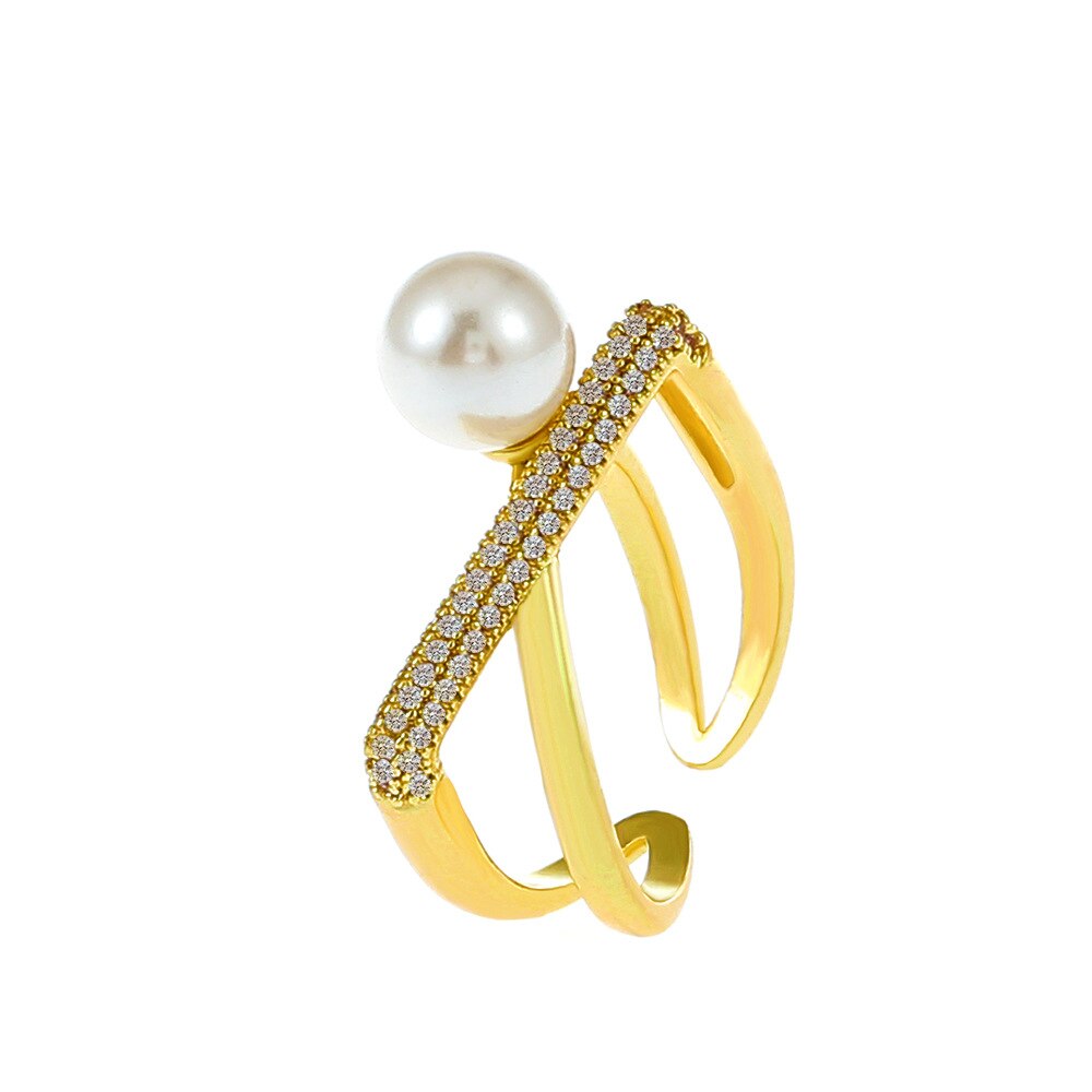 Elegant Baroque Pearl CZ Cross Twist Ring in 18k Gold | ULZZANG BELLA