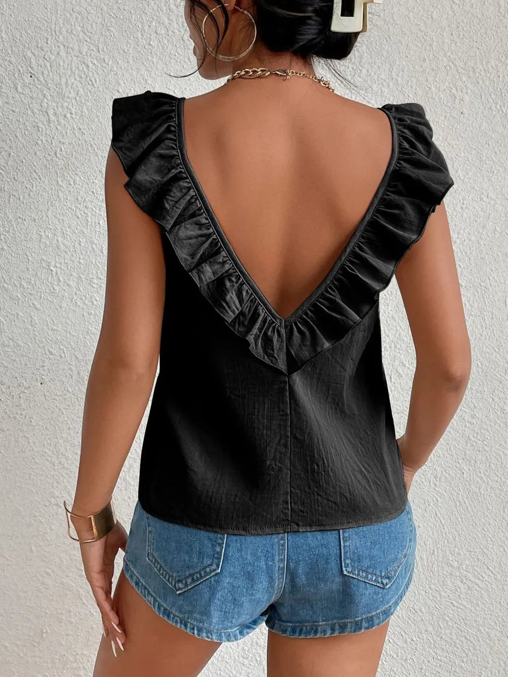 Elegantly Ruffled Backless Scoop Neck Tank Top | ULZZANG BELLA