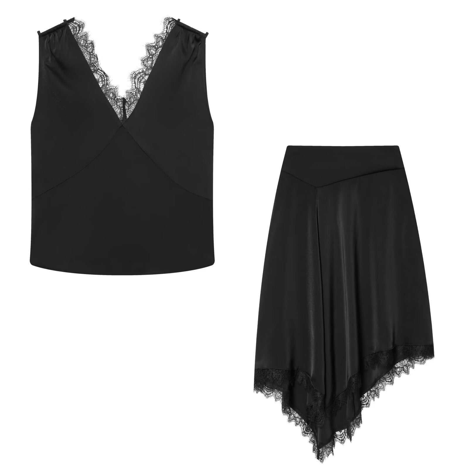 Luxe V-Neck Lace Top & Asymmetrical Skirt Ensemble | ULZZANG BELLA
