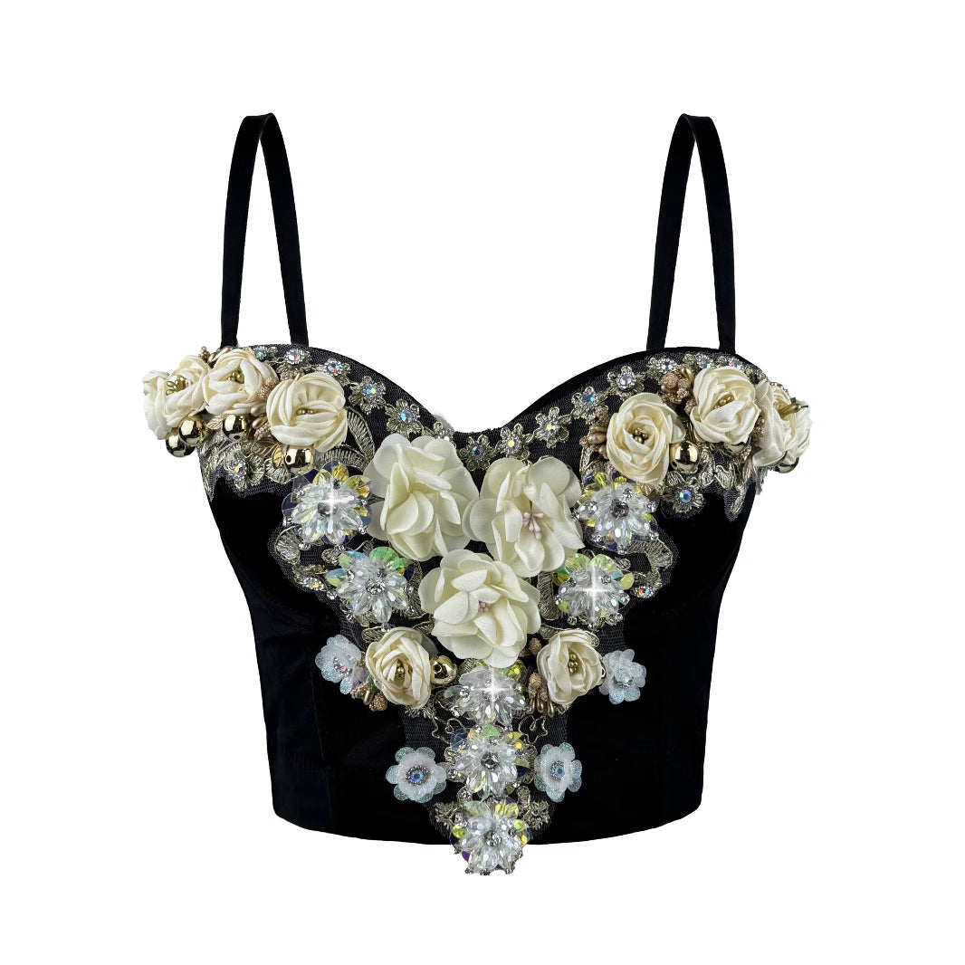 Corset chic à fleurs et strass avec bretelles amovibles | ULZZANG BELLA