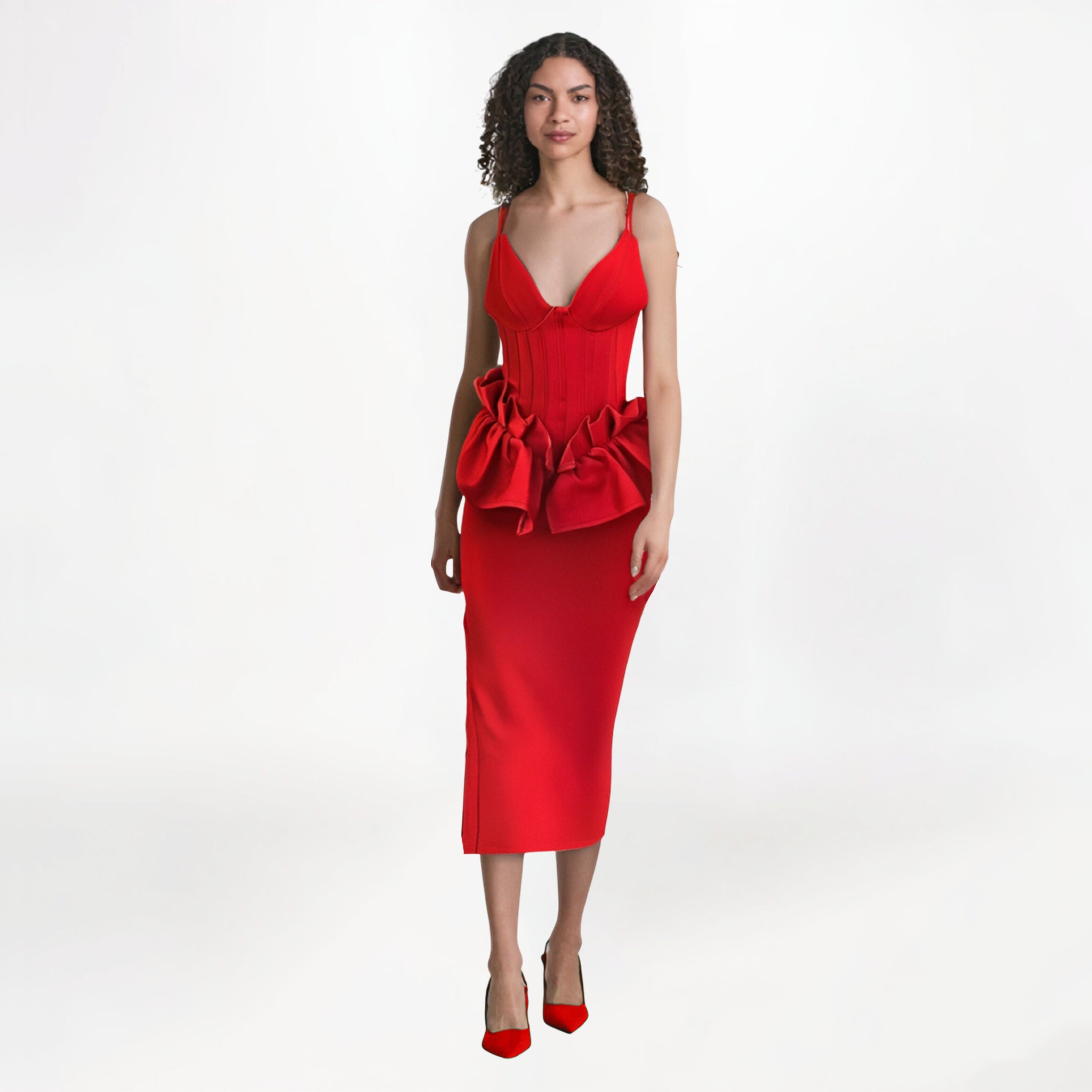 Robe de soirée élégante rouge à col en V et ourlet à volants, dos nu | ULZZANG BELLA