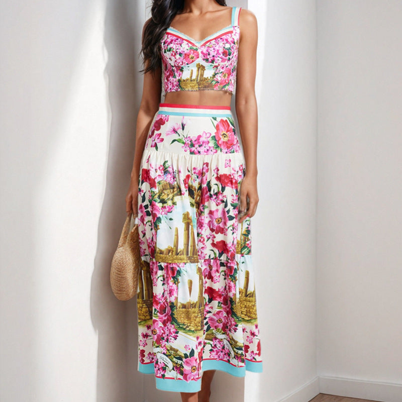 Elegant Floral Splicing Strapless Camisole Skirt Set | ULZZANG BELLA