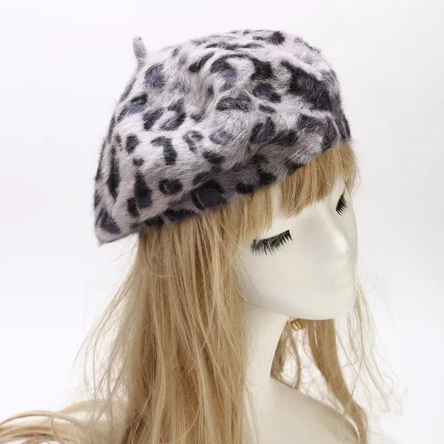 Luxurious Leopard Print Rabbit Fur Buckle Beret Hat for Women | ULZZANG BELLA