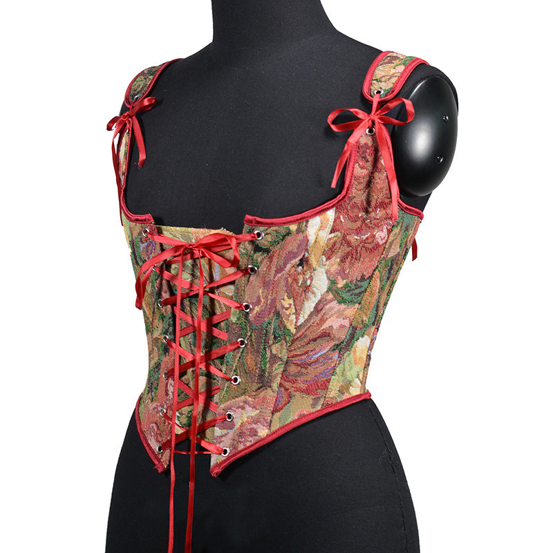 French Bandage Waist-Sculpting V-Neck Embroidered Layered Vest in Peony | ULZZANG BELLA