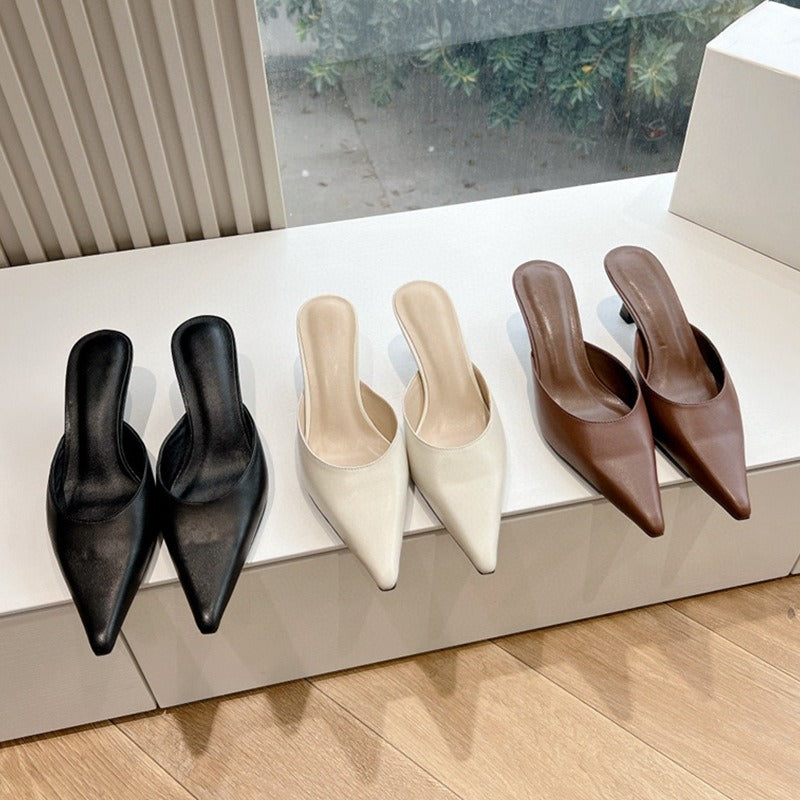 Elegant Pointed Toe Leather Mid-Heel Mules in Classic Shades | ULZZANG BELLA