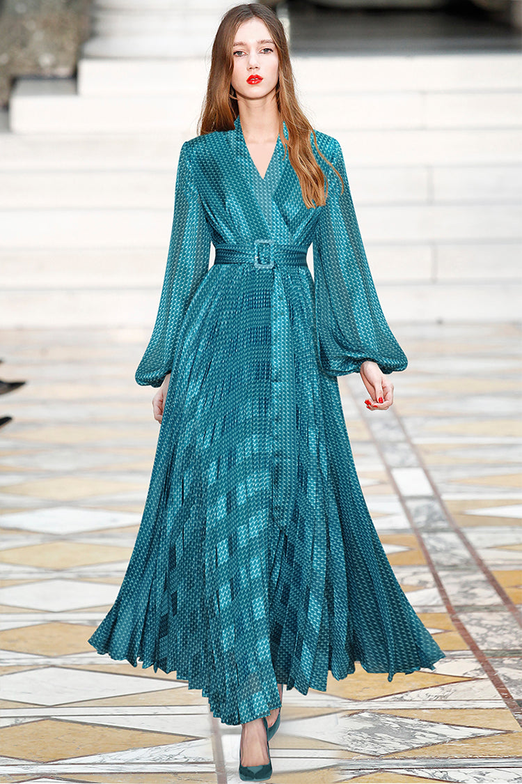 Elegante abito lungo plissettato con scollo a V per la donna sofisticata | ULZZANG BELLA