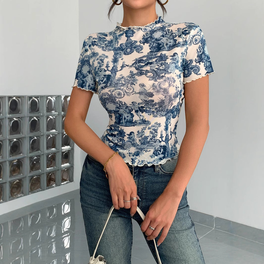Elegant Mesh Ruffle Trim Short Sleeve Slim Fit Top | ULZZANG BELLA