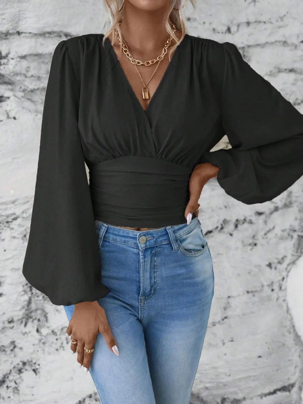Elegantly Ruched Sheer Smocked Surplice Top with Balloon Sleeves | ULZZANG BELLA