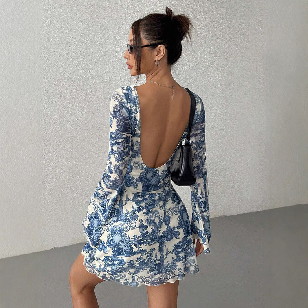Elegante abito in rete con maniche svasate e schiena scoperta a fiori | ULZZANG BELLA