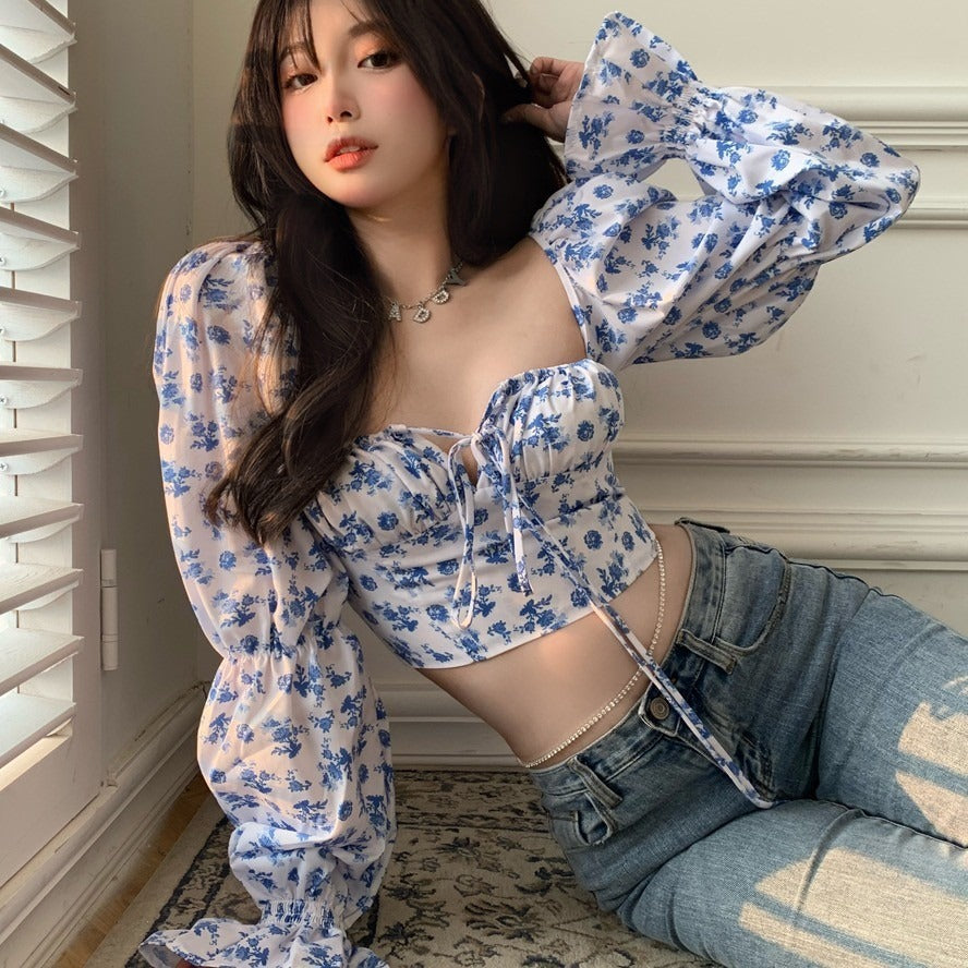 Top in chiffon con scollo a V e maniche a palloncino con motivo floreale frammentato | ULZZANG BELLA