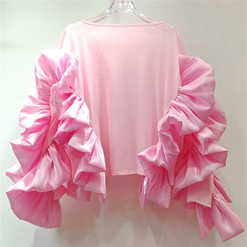 Ruffled Long Sleeve Mesh Top with Irregular Hem | ULZZANG BELLA