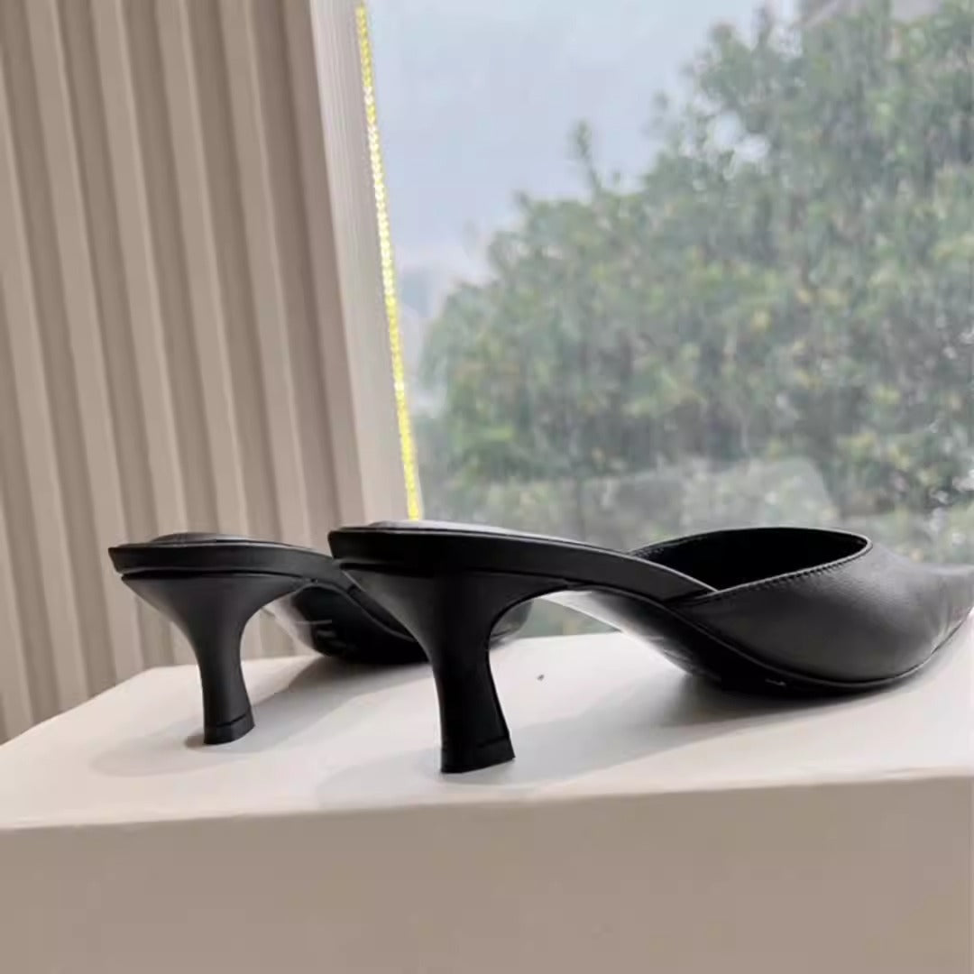 Elegant Pointed Toe Leather Mid-Heel Mules in Classic Shades | ULZZANG BELLA